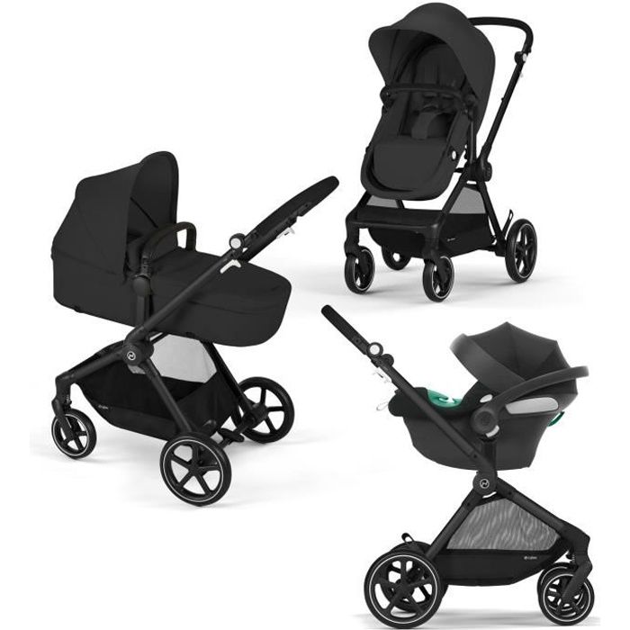 CYBEX Pack Poussette Trio EOS BLACK Moon Black : Poussette convertible 2en1 + Siège auto Aton B2 i-size + Hamac convertible Nacelle